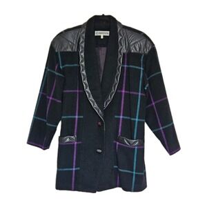 Vtg Griffith Windowpane  Wool + Leather Quilted Artsy Blazer Jacket S/M